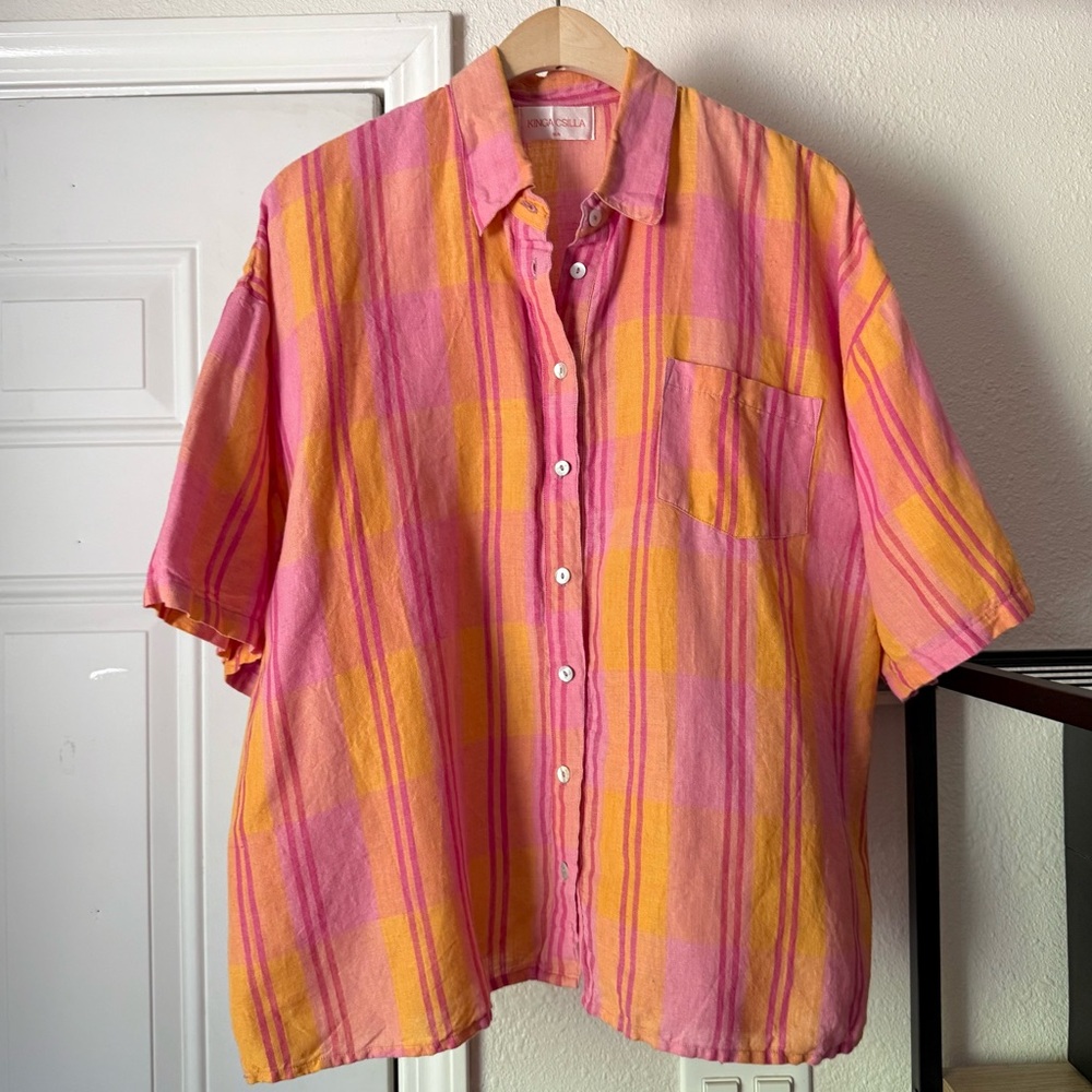 KINGA CSILLA pink orange citrus plaid gingham boxy cropped button up‎ shirt
